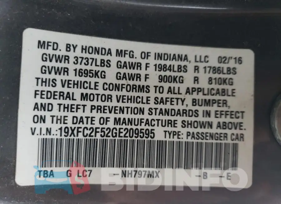19XFC2F52GE209595 Photo# 12