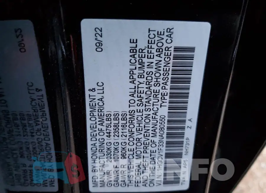 1HGCV1F33NA080550 Photo# 13