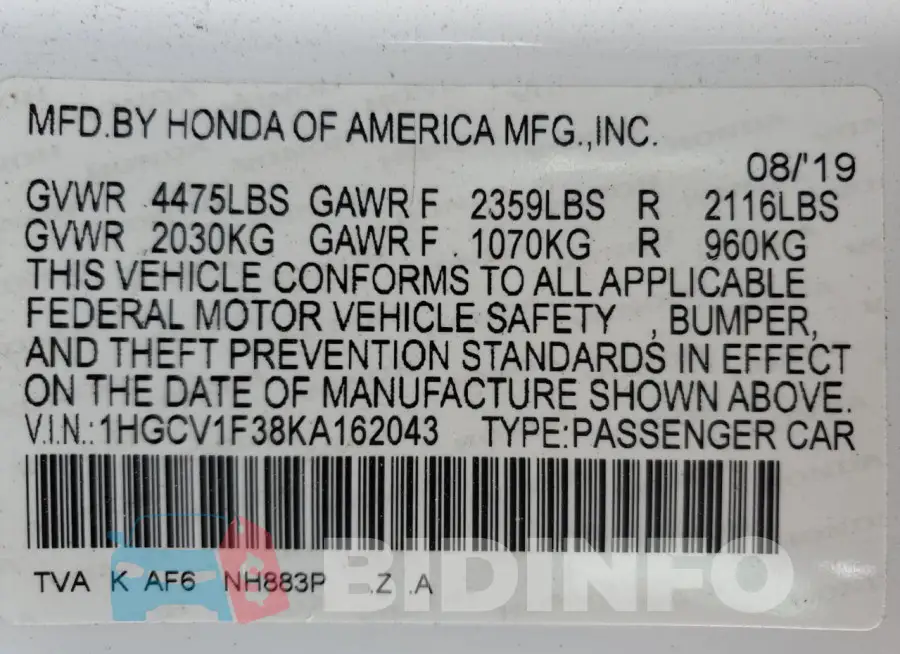 1HGCV1F38KA162043 Photo# 13