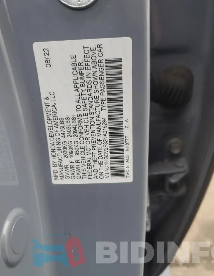 1HGCV2F32NA016294 Photo# 12