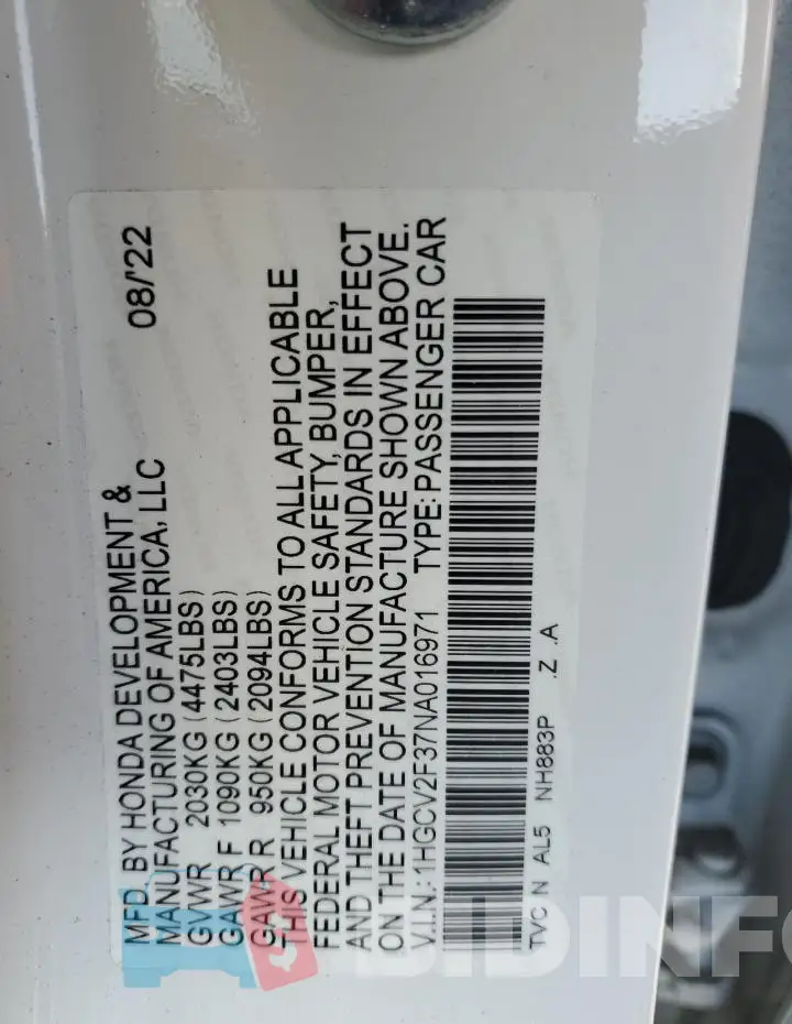 1HGCV2F37NA016971 Photo# 12
