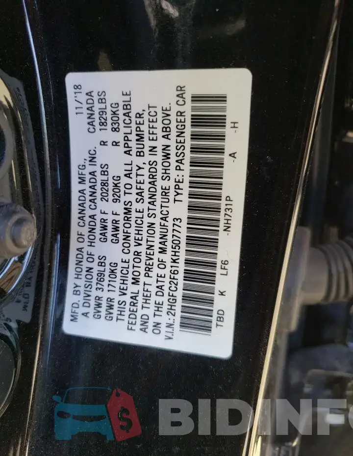 2HGFC2F61KH507773 Photo# 12