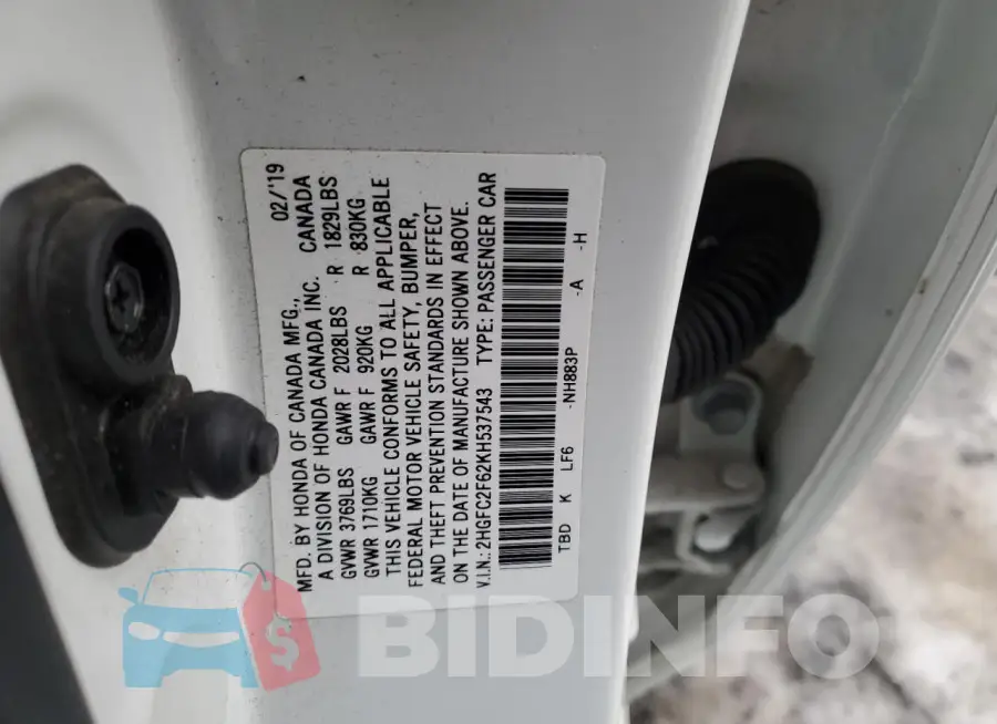 2HGFC2F62KH537543 Photo# 12