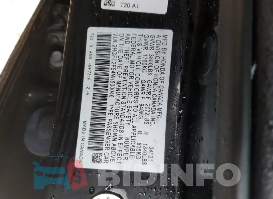 2HGFE2F54NH500046 Photo# 12