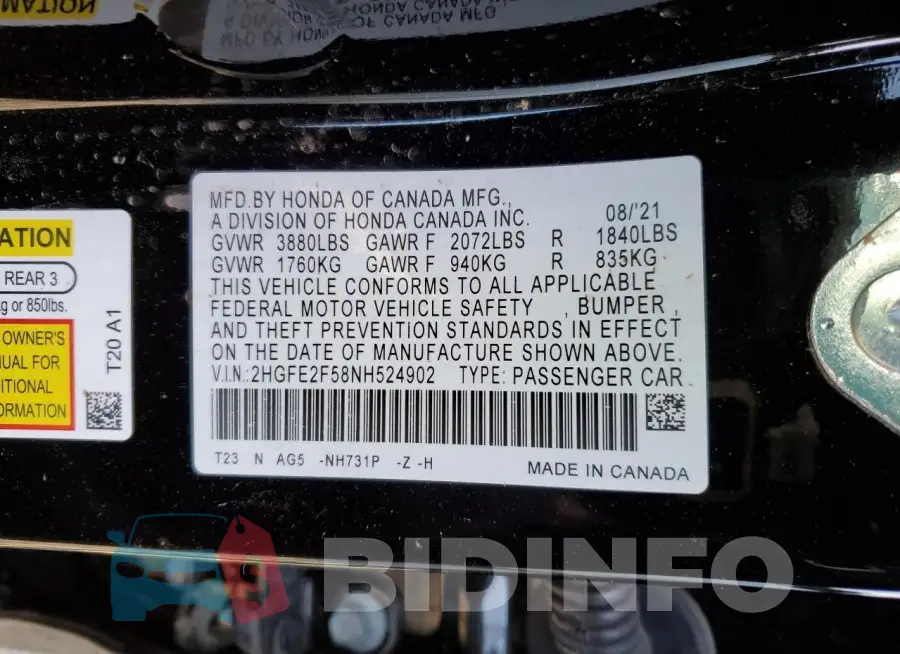 2HGFE2F58NH524902 Photo# 12