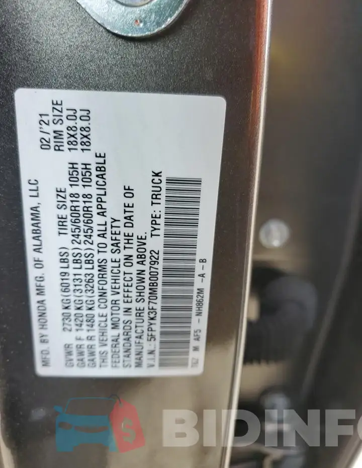 5FPYK3F70MB007922 Photo# 12
