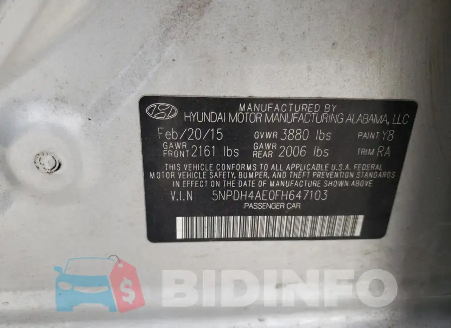 5NPDH4AE0FH647103 Photo# 12