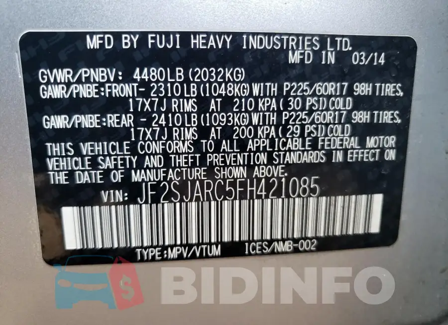 JF2SJARC5FH421085 Photo# 12