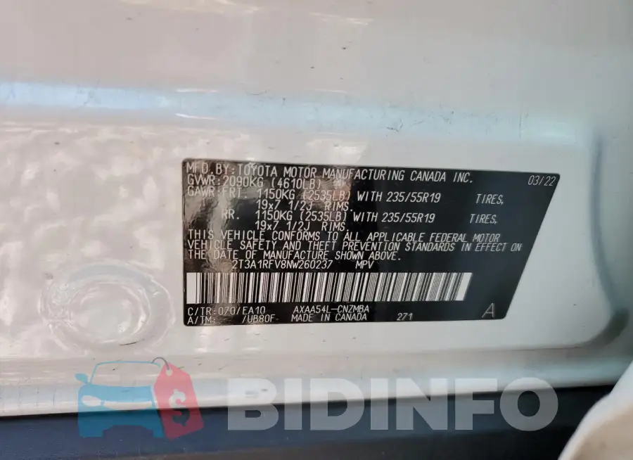 2T3A1RFV8NW260237 Photo# 13