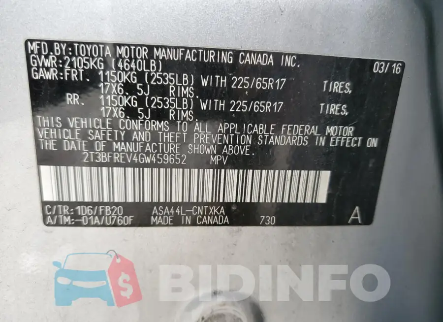 2T3BFREV4GW459652 Photo# 13