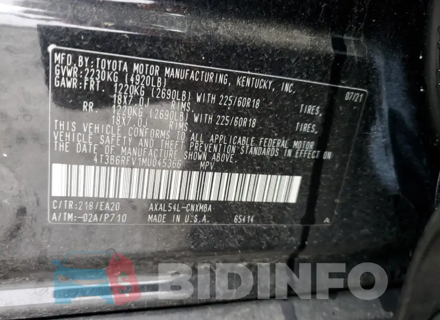 4T3B6RFV1MU045366 Photo# 13