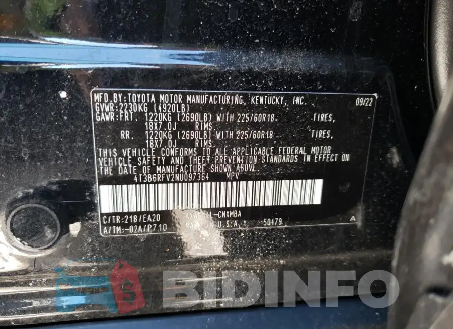 4T3B6RFV2NU097364 Photo# 12