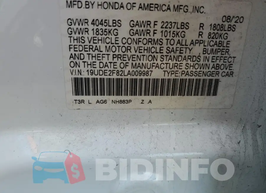 19UDE2F82LA009987 Photo# 12