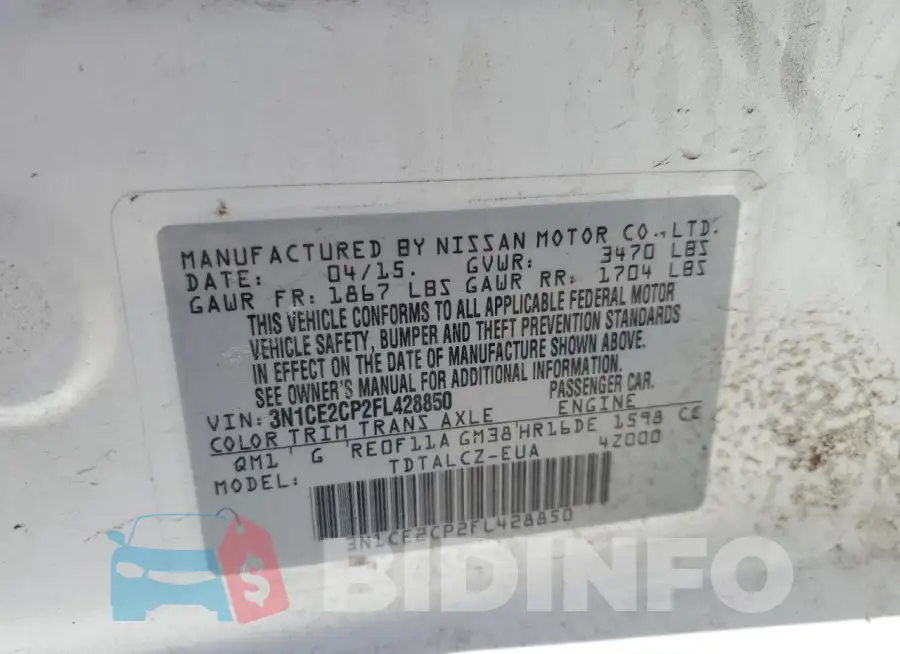 3N1CE2CP2FL428850 Photo# 13