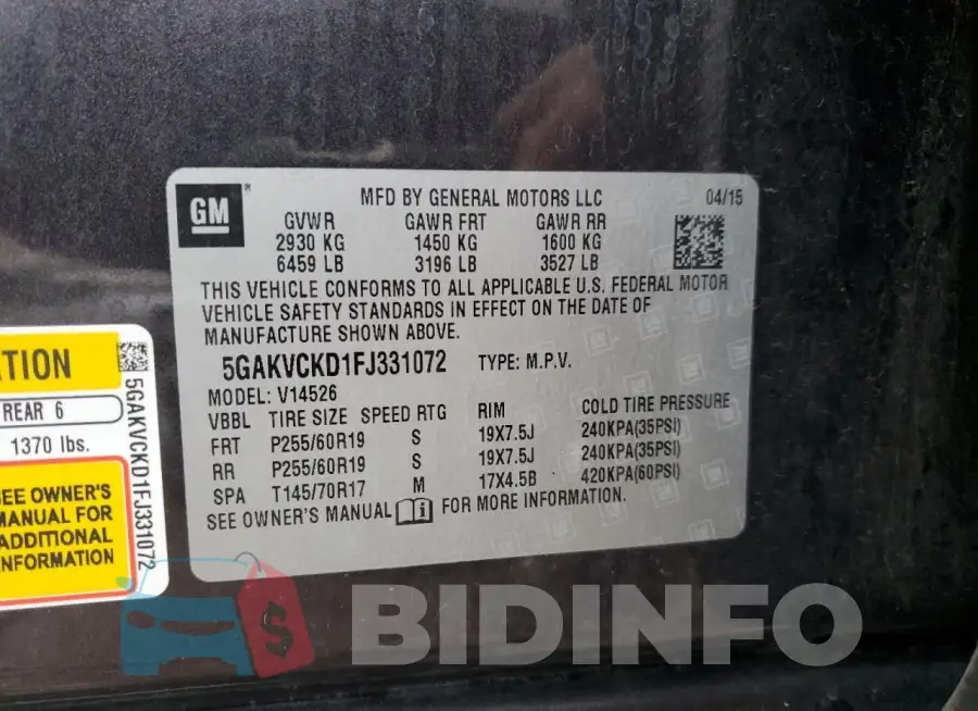5GAKVCKD1FJ331072 Photo# 13