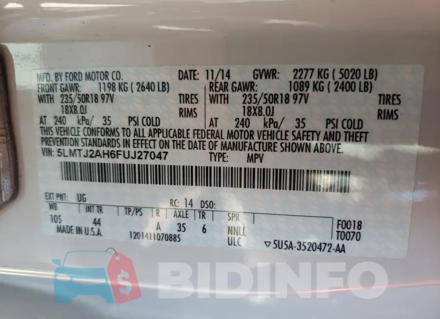 5LMTJ2AH6FUJ27047 Photo# 14