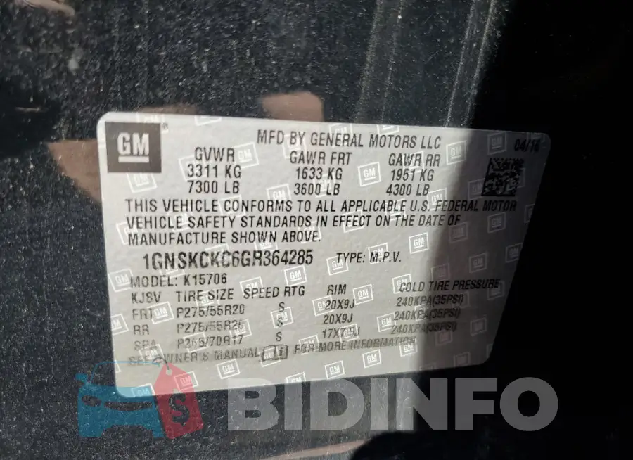 1GNSKCKC6GR364285 Photo# 12