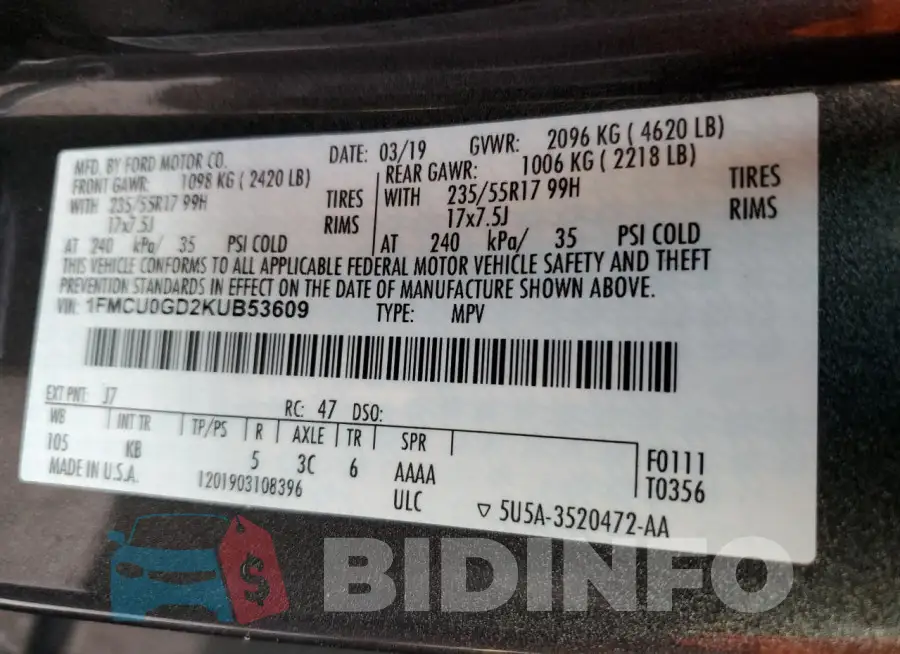 1FMCU0GD2KUB53609 Photo# 14