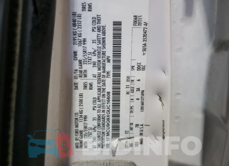 1FMCU9G9XGUC16608 Photo# 13