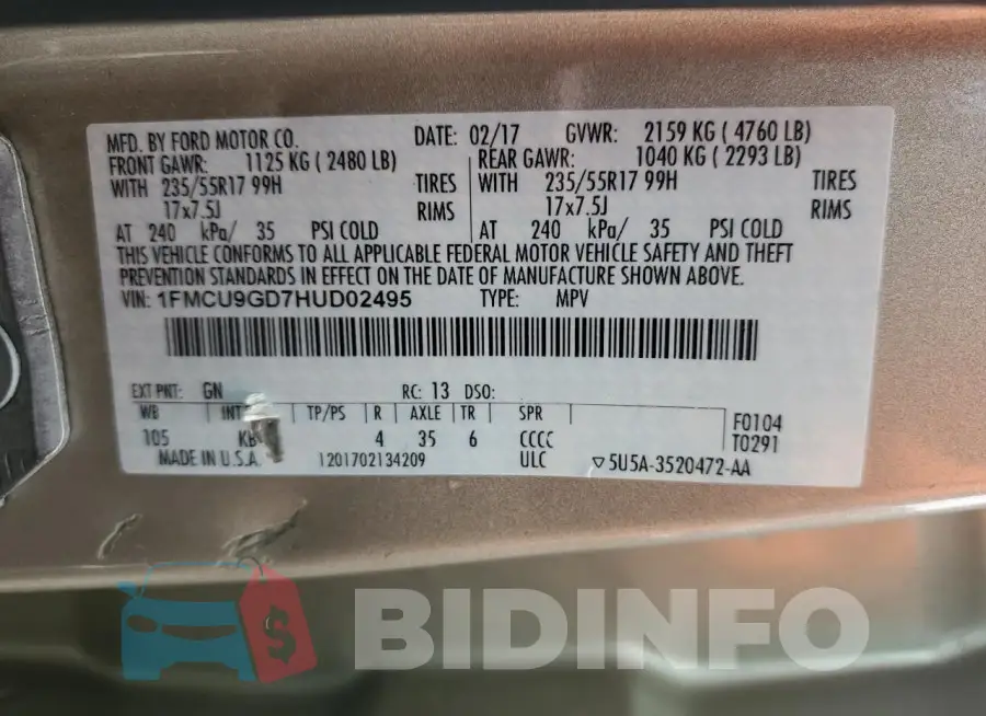 1FMCU9GD7HUD02495 Photo# 13