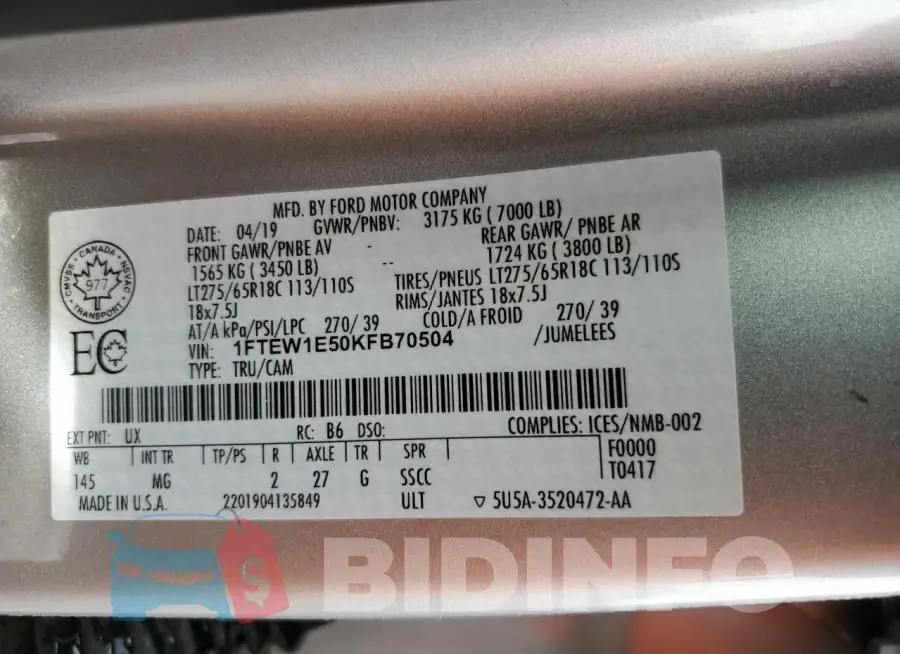 1FTEW1E50KFB70504 Photo# 12