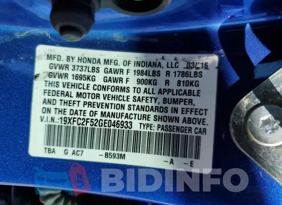 19XFC2F52GE046933 Photo# 12