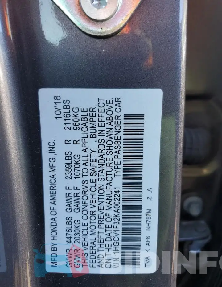 1HGCV1F32KA002241 Photo# 12