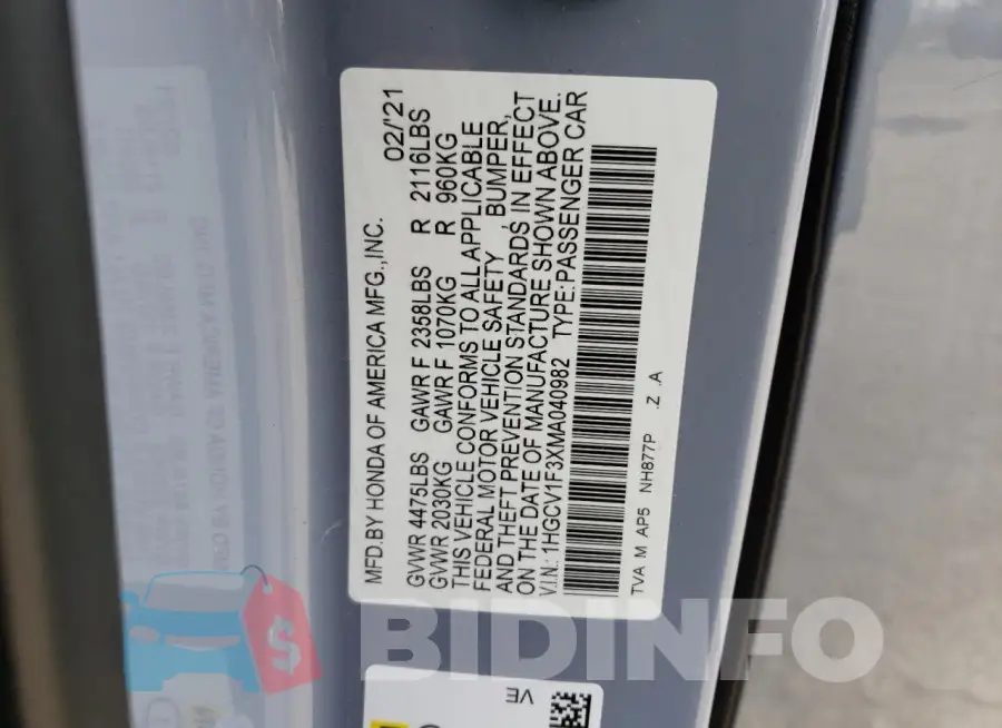 1HGCV1F3XMA040982 Photo# 12