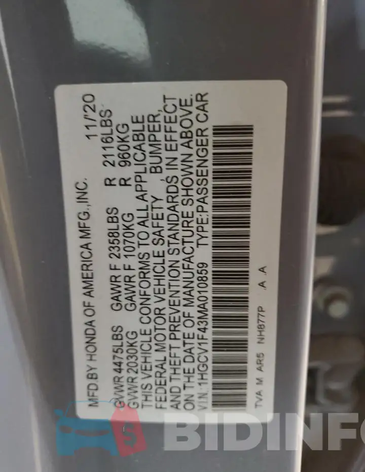 1HGCV1F43MA010859 Photo# 12