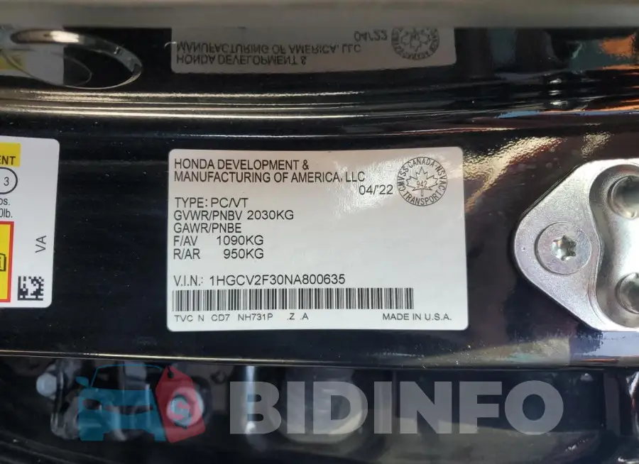 1HGCV2F30NA800635 Photo# 12