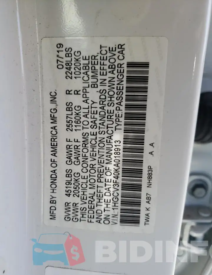 1HGCV3F40KA018913 Photo# 12
