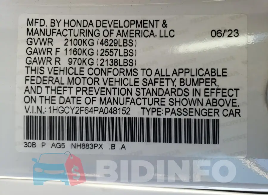 1HGCY2F64PA048152 Photo# 12