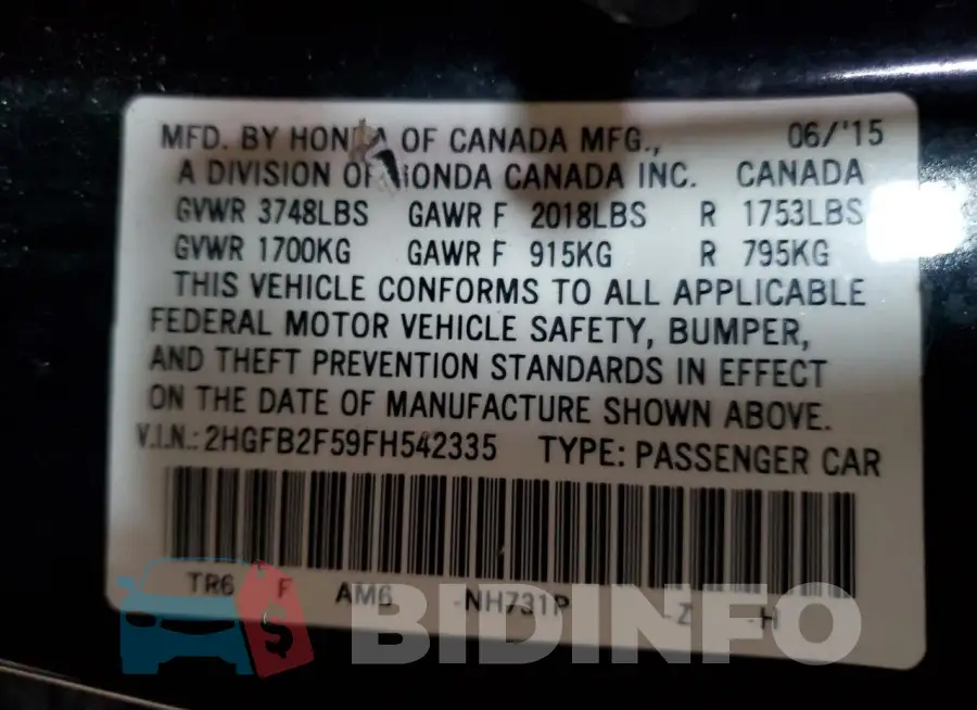 2HGFB2F59FH542335 Photo# 12