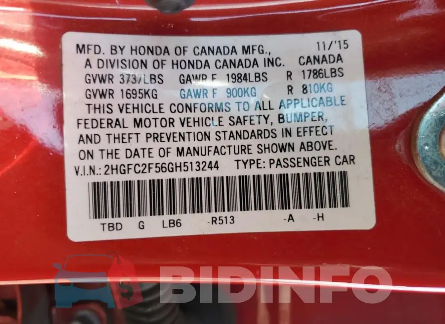 2HGFC2F56GH513244 Photo# 12