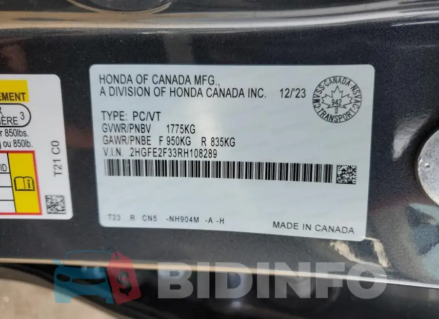 2HGFE2F33RH108289 Photo# 13