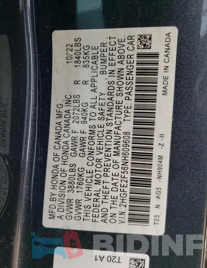 2HGFE2F56NH609608 Photo# 13