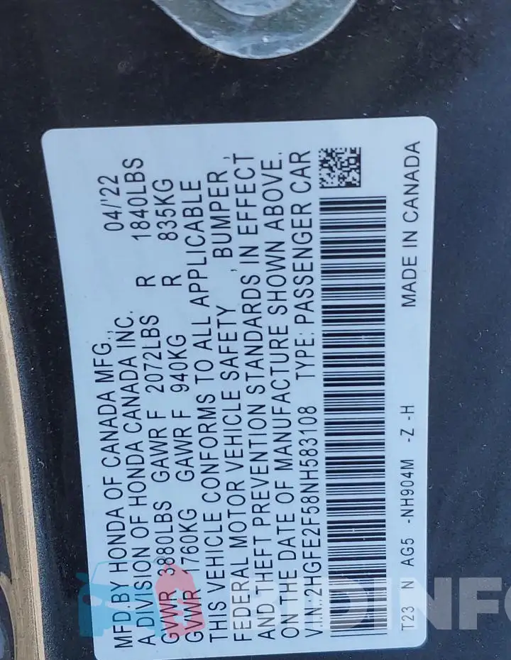 2HGFE2F58NH583108 Photo# 12