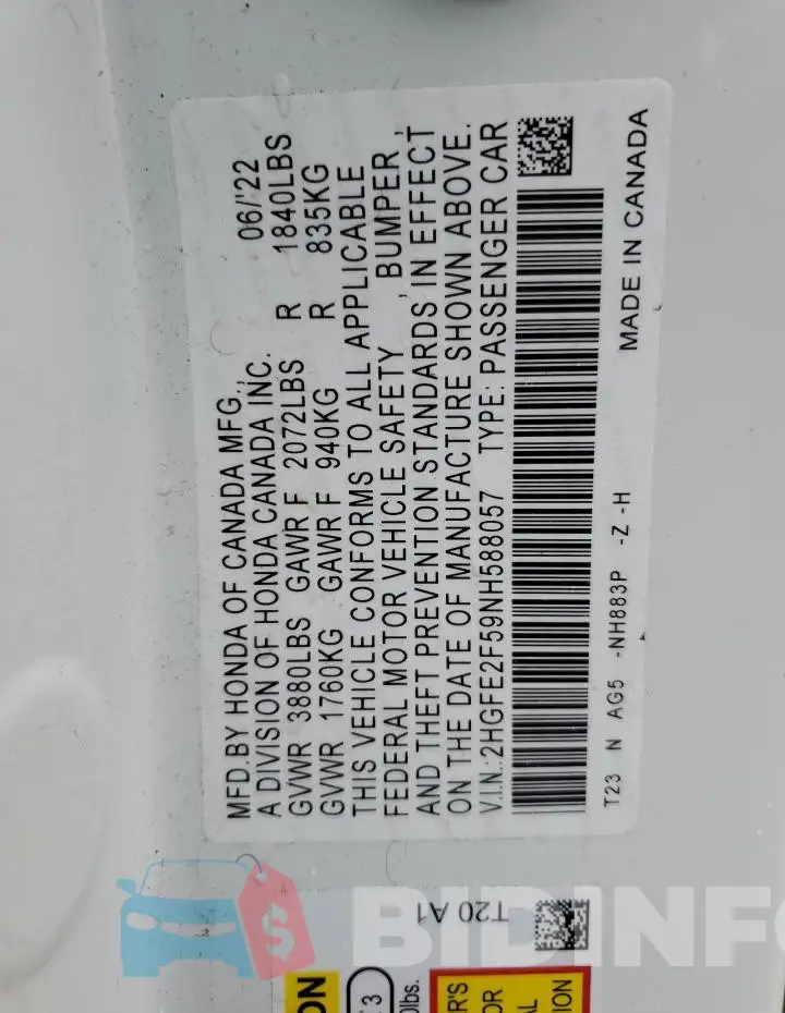 2HGFE2F59NH588057 Photo# 12