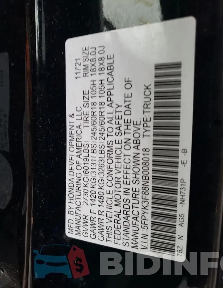 5FPYK3F88NB008018 Photo# 12