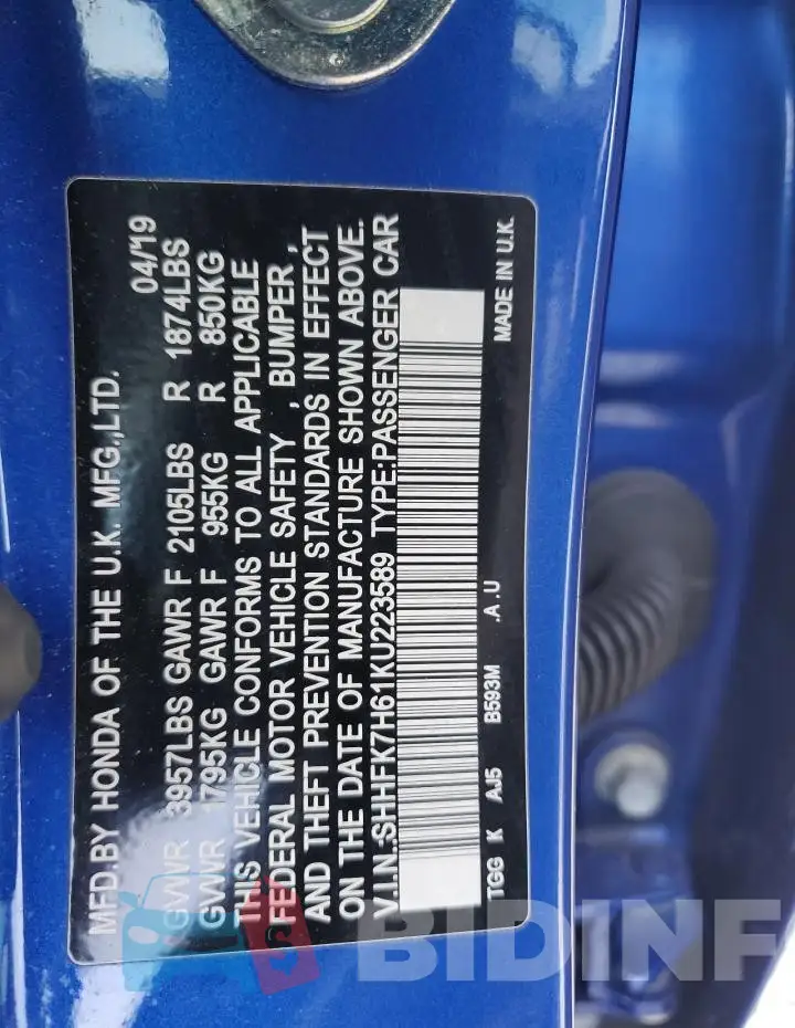SHHFK7H61KU223589 Photo# 12