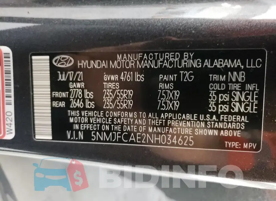 5NMJFCAE2NH034625 Photo# 12