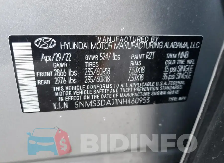 5NMS3DAJ1NH460953 Photo# 13