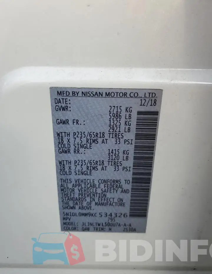 5N1DL0MM9KC534326 Photo# 14