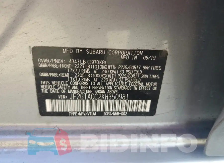 JF2GTACC2KH350981 Photo# 12