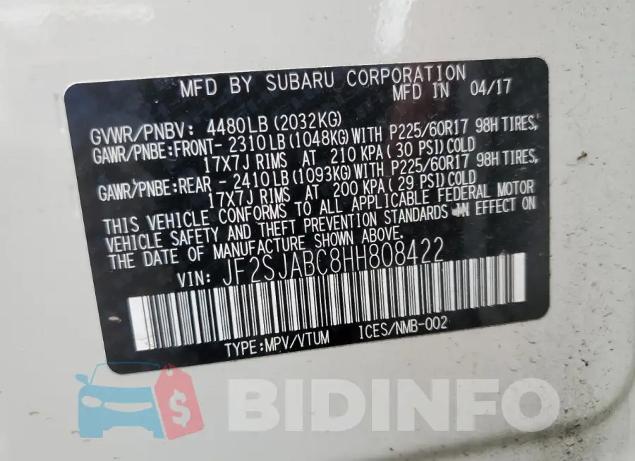 JF2SJABC8HH808422 Photo# 12