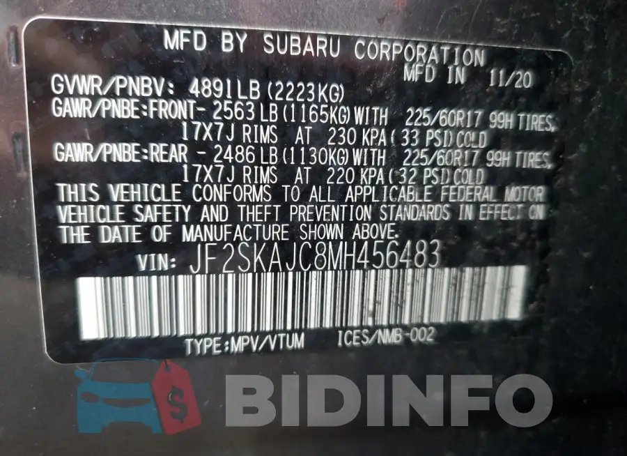JF2SKAJC8MH456483 Photo# 13