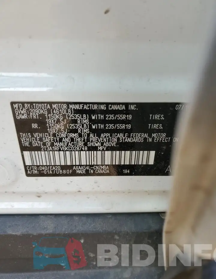2T3A1RFV6KC028748 Photo# 13