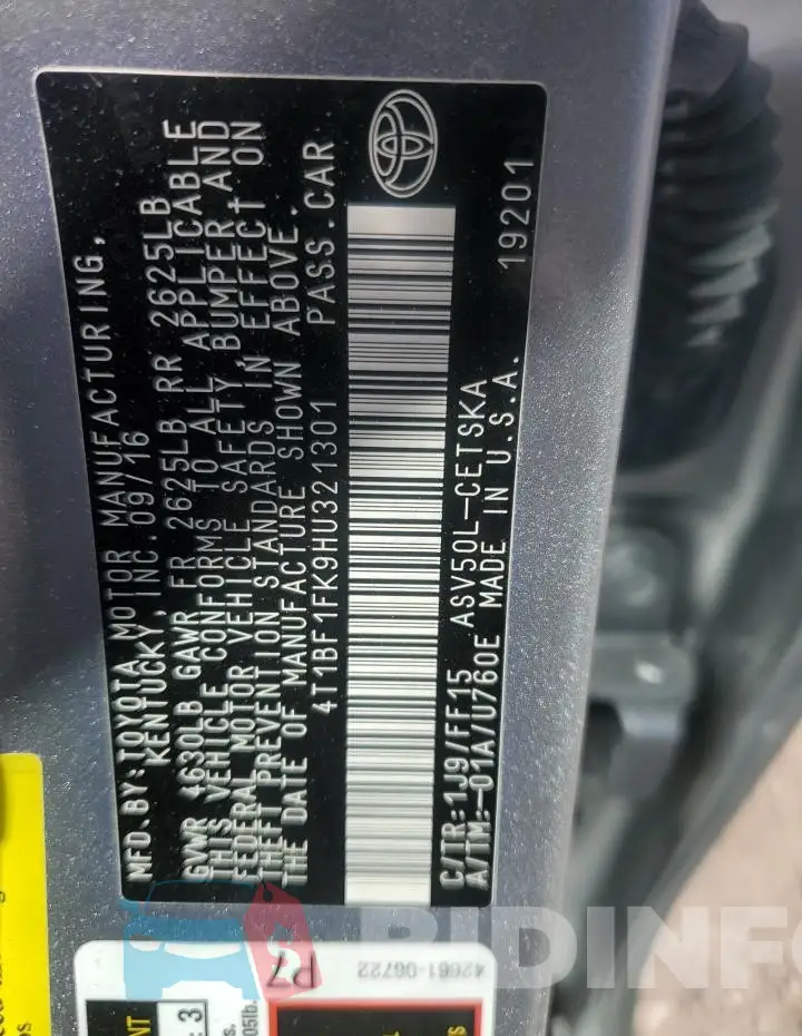 4T1BF1FK9HU321301 Photo# 12
