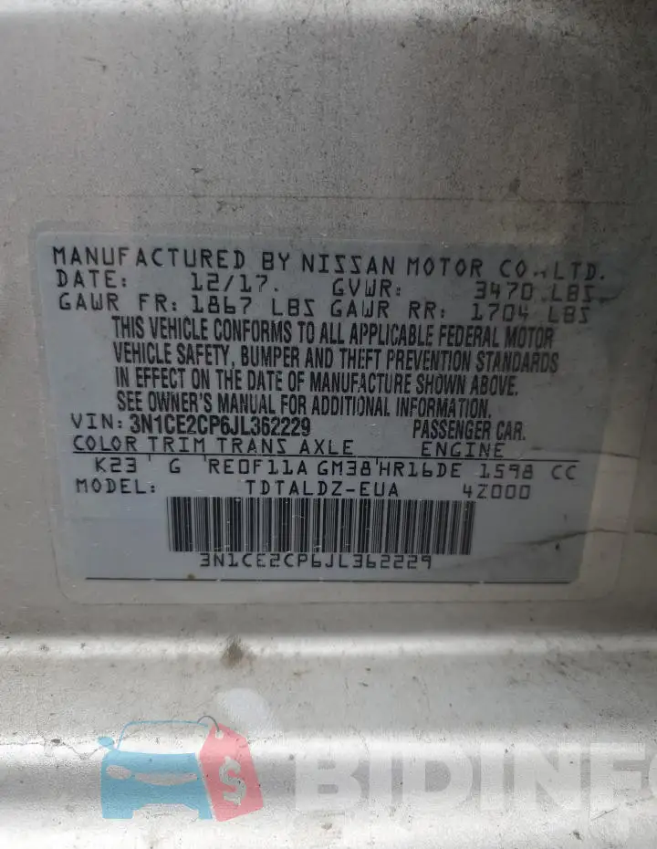 3N1CE2CP6JL362229 Photo# 12