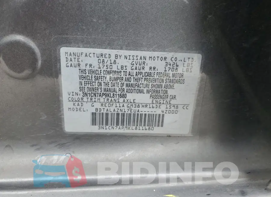 3N1CN7AP9KL811680 Photo# 12